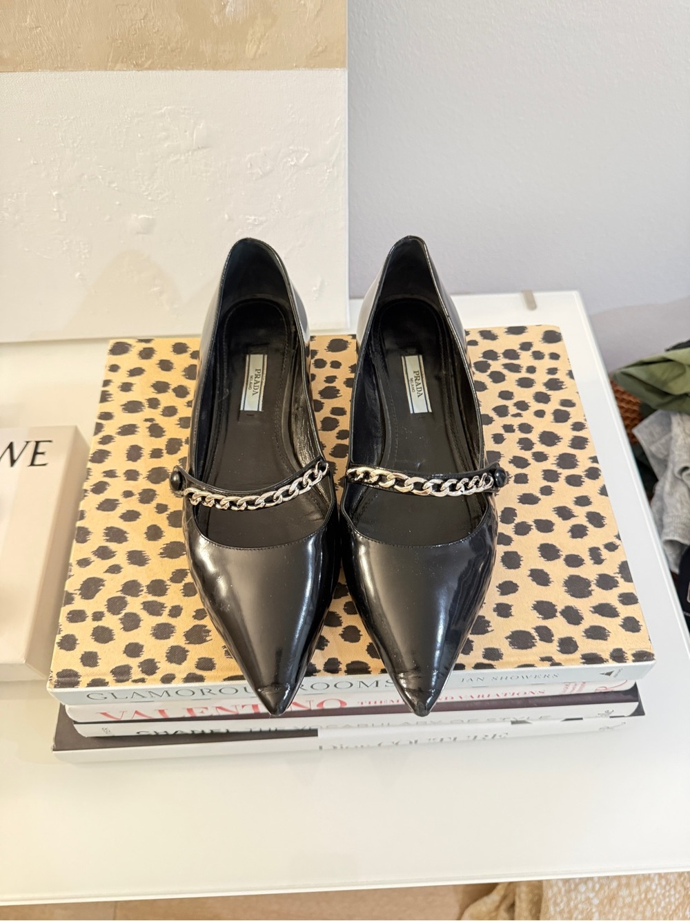 Prada Black Patent Pointed Toe Chain-Trim Heels